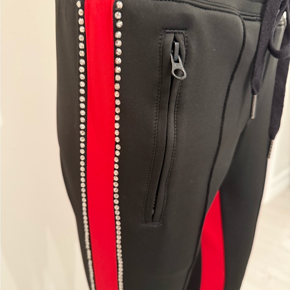 Pam & Gela Black Joggers with Red Stripe and Rhinestone Detail